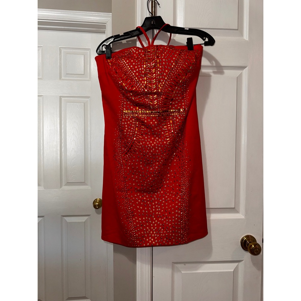 Cache Red Strapless Studded Embellished Bodycon Cocktail Dress Size 12 - Picture 3 of 8